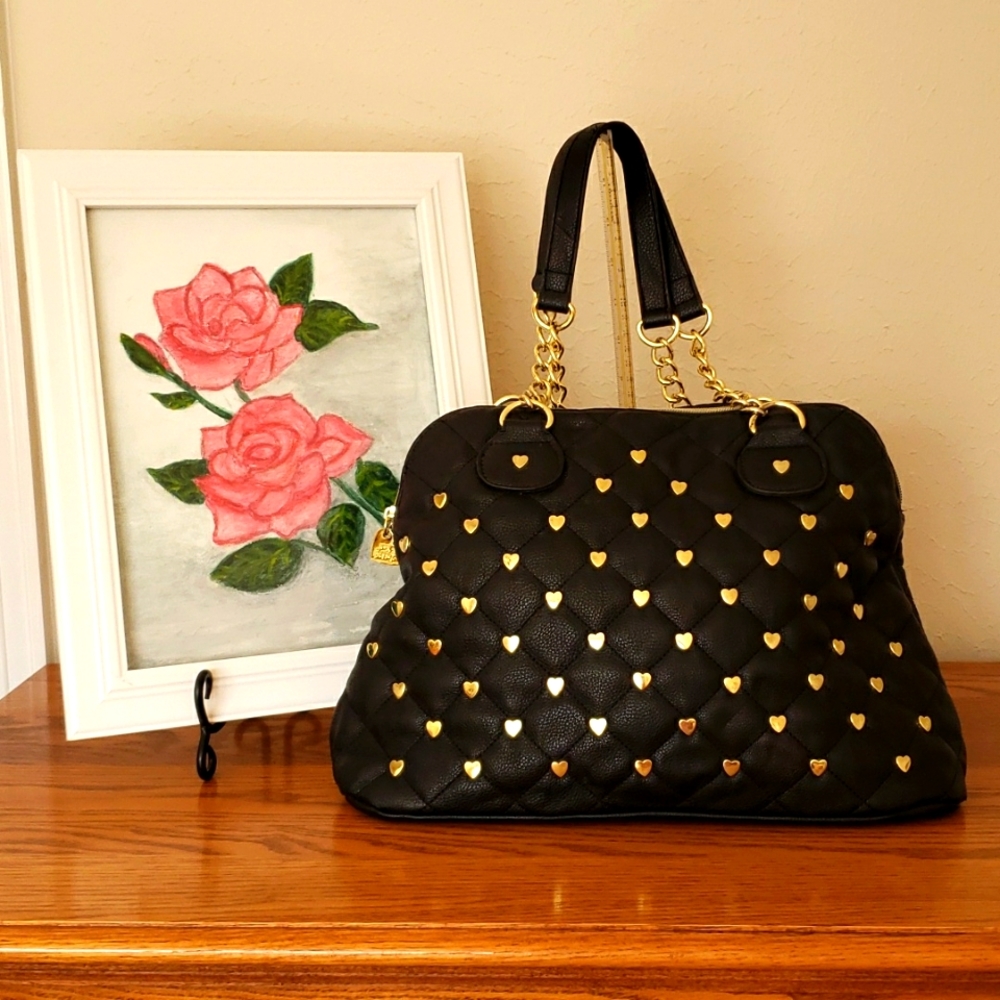 Betsey Johnson Quilted & Bradded Hearts Purse EUC